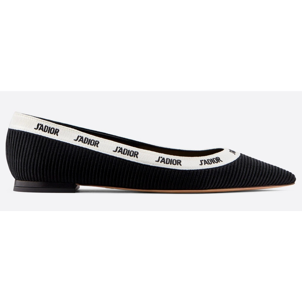 Dior J'adior Black White Ribbon Logo Embroidered Fabric Ballet Ballerina Flat 37 - Picture 3 of 12